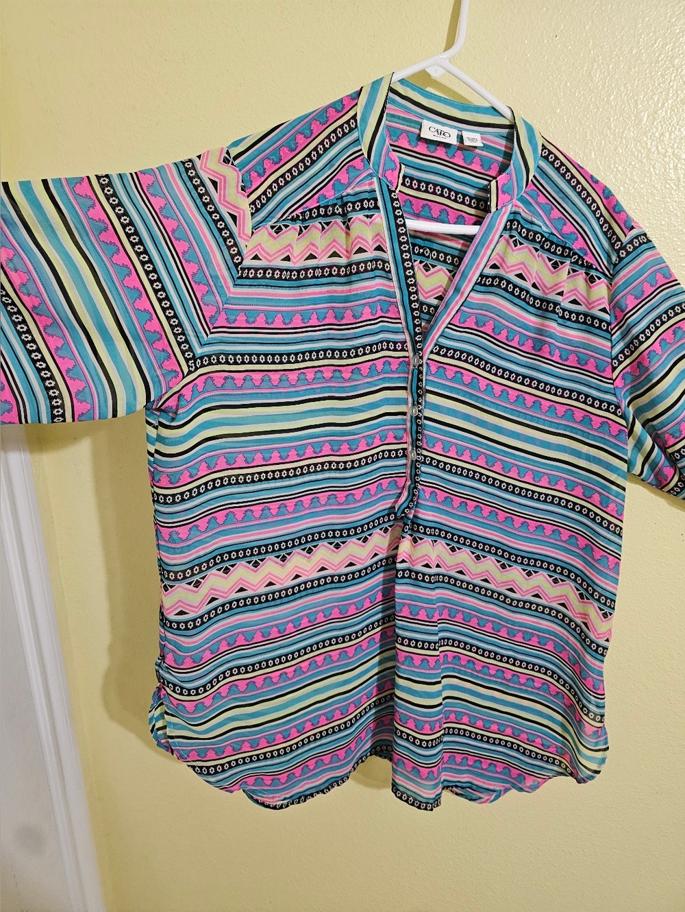 Cato Aztec Stripe Button-Up Top in Teal, Pink & Black